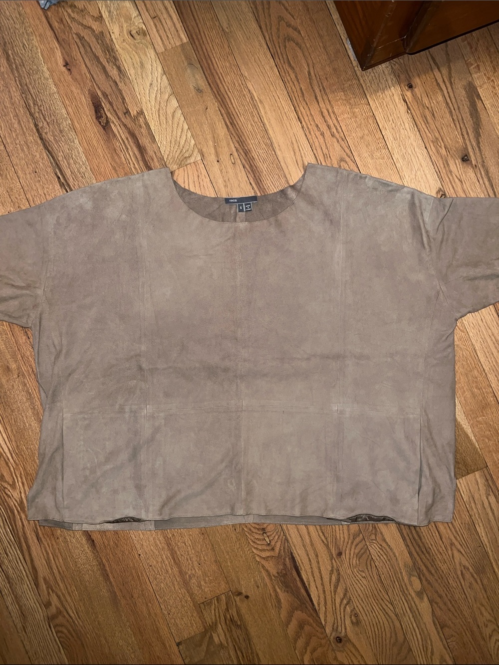 Vince Taupe Boxy Short-Sleeve Suede Top Size Small